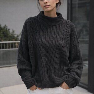 Hollister Women's Oversized Sweater Gray Cropped Waffle Knit Mock Neck Medium